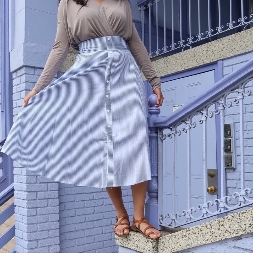 blue and white midi skirt